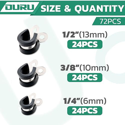 OURU 72PCS Stainless Steel Cable Clamp,Rubber Coated Cushioned Insulated Cable Clamps Assortment Kit-Metal Wire Clamps,Cable Clips,Pipe Clamps - size: 72PCS