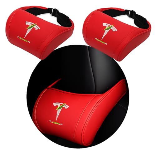 Car Headrest Neck Pillow Support Ergonomic, with Valve Stem Covers Accessory for Driving Seat Fatigue Relief Compatible with Model S X 3 Y & Cybertruck - 2 Pieces - color: C. Red Ver. 2