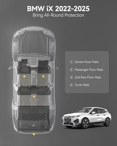 3W BMW iX Floor Mats & Cargo Liner 2022 2023 2024 2025, xDrive45/50/60 M60 M70, All Weather TPE Custom Fit Floor Liner, 1st 2nd Rows & Trunk Mat Full Set Car Accessories - style: 8) iX 2022-2025 | Full Set