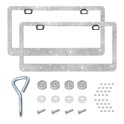 Ziciner 2PCS Bling License Plate Frame, Sparkly License Plate Tag Cover with Multifaceted Rhinestones, Stainless Steel Crystal License Plate Holder (White) - color: White, 2PCS
