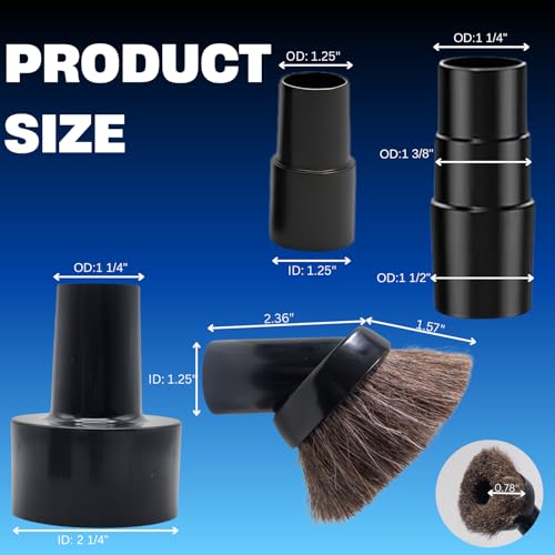 1.25 Inch Premium Soft Horse Hair Vacuum Brush Plus Vacuum Hose Adapter Kit Compatible with Shop Vac Hose 2-1/2'' & 1-1/4'' - Vacuum Attachment for Car Detailing, Furniture & Baseboards
