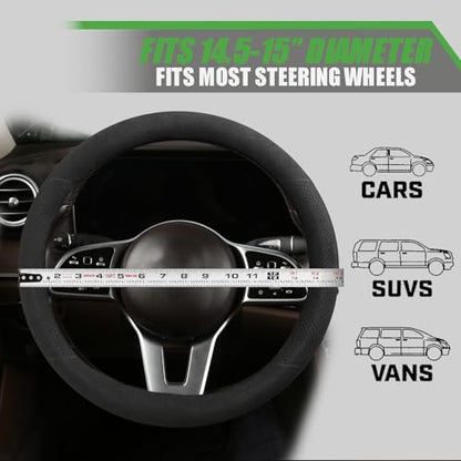Suede Steering Wheel Cover with Upgraded Silicone Inner Ring, Breathable, Anti-Slip, Leather Universal 14.5 to 15 Inch Steering Wheel Cover (Black with Embossing Pattern) - style: Black with Embossing Pattern
