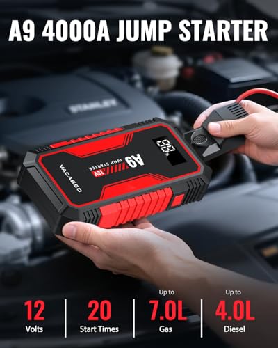 Jump Starter 4000A, VACASSO A9 Battery Jumper Starter Portable (7L Gas/4L Diesel), 12V Car Battery Booster Jump Starters Pack, Jumpstart with USB Ports, Jumper Cables, LED Light, Storage Case - color: Red