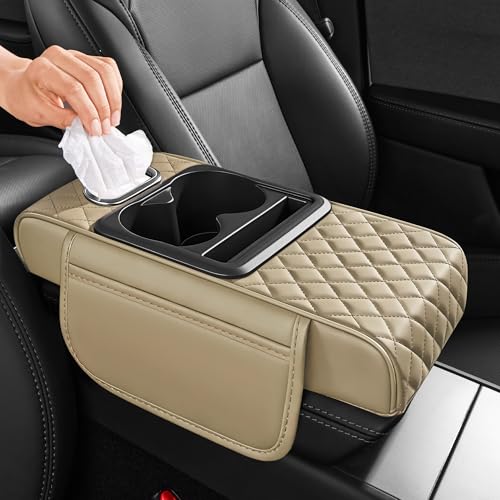 5 in 1 Car Center Console Cover, Armrest Pad with 2 Storage Pockets, Cup Holder, Tissue Box Slot, Phone Holder, Universal Car Interior Organizer (Beige) - color: Beige