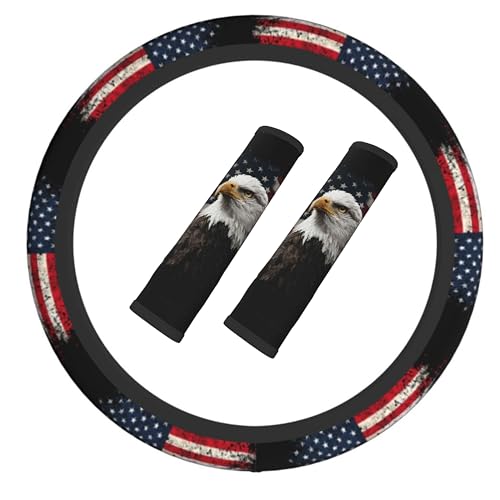 American Flag Steering Wheel Cover Elastic Non-Slip Car Steering Wheel Covers with Seat Belt Shoulder Pad for Women Men - color: American Flag
