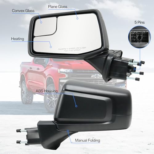 Driver Left Side Door Mirror for 2019-2024 Chevy Silverado 1500, with Heated Power Glass Manual Folding Convex Blind Spot Glass, Replace#GM1320583(5 Pins） - size: Left