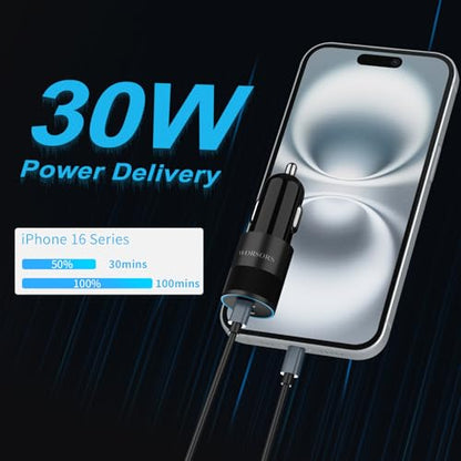 6 Pack 60W Super Fast USB C Car Chargers, Dual 30W PD 3.0 PPS Charging Ports, 12V Cigarette Lighter Adapter Bundle for iPhone 17 16 15 14, iPad, Samsung Galaxy S26 S25, Google Pixel 10 Android Phones