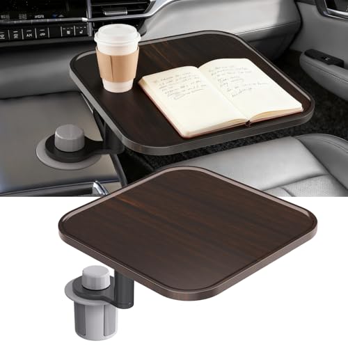 360° Rotation Car Desk for Laptop, Height-Adjustable Cup Holder Table, Wooden Car Food Tray & Laptop Mount Compatible with Tesla Model Y/3/S, Ford F150/Explorer/Maverick & Most Vehicles (Dark Walnut) - color: Dark Walnut