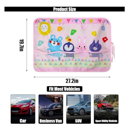 Car Window Shade for Baby, Blackout Car Window Curtain with Storage Pockets & 7 Suction Cups, Cartoon Pattern Cars Side Window Sun Shade Cover for Sun/Heat/UV Rays Protection (Pink-Animals) - color: Pink-Animals