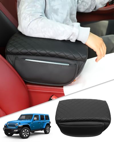 for Jeep Wrangler JL 2026 2025-2018 Center Console Cover for Jeep Gladiator JT 2026 2025-2020 Armrest Cover Jeep Accessories Arm Rest Pad Console Cushion Lid Black Leather with Pockets