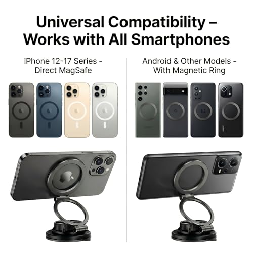 Magnetic Car Phone Mount, 0.83" Ultra-Slim Foldable Holder, [Vacuum Suction & Adhesive Pad] for Textured Dashboard/Windshield, 3-Joint Metal MagSafe Mount for iPhone 17 Pro Max/Pixel (Black) - color: Black