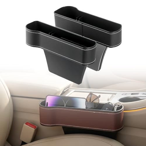 Car Seat Gap Filler Organizer, 2026 New Premium Leather Console Organizer for Holding Phone, Sunglasses, Auto Console Side Storage Box with Cup Holders 2 Seat Hooks for Drink (Black, 1Set) - color: Black, size: 1Set