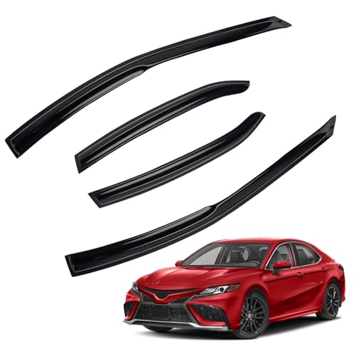 4pcs JDM 3D Wavy MU Style Window Visors Compatible with 2018-2024 Toyota Camry, Front+Rear Left+Right Outside Mount Type Dark Smoke Tint Tape-On Side Sun Rain Guards Set of 4 - size: 2018-2024 Toyota Camry