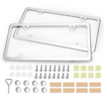Ohuhu License Plate Frames, 2 Pcs 4 Holes Slim Stainless Steel Polish Mirror License Plate Frame + Chrome Screw Caps (Silver) - style: Silver - 4 Holes