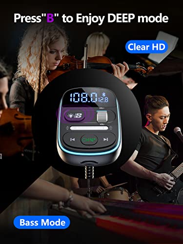 LENCENT Bluetooth FM Transmitter PD 30W, Bluetooth Car Adapter with QC3.0 Fast Charger, Hi-Fi Bass Music, Wireless Radio Receiver Hands-Free Calling, [Color Light]