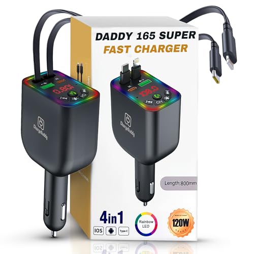 Bluetooth 5.3 Car FM Transmitter with 120W Max Power, Retractable Cables (80cm), Digital Display, Hands-Free Calling, Noise Canceling, and Dual Device Charging
