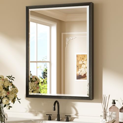 Keonjinn 24" x 32" Black Mirror for Over Sink, Black Bathroom Vanity Mirror, Tempered Glass Beveled Edge, Aluminum Alloy Wide Framed, Lightweight, Rectangular Modern Farmhouse Mirrors for Wall Decor - color: Black, size: 32"L x 24"W