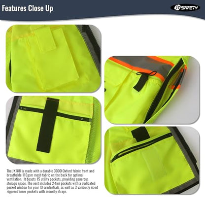 JKSafety Hi-Vis Unisex Surveyor Safety Vest Heavy Duty PPE Inner Pockets ANSI/ISEA Compliant - color: 188-yellow, size: Large