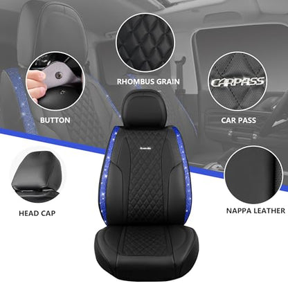 CAR PASS Nappa Leather seat Covers Bling Diamond Car Seat Covers Full Set Universal Cushioned, Waterproof Heavy-Duty Anti-Slip Luxury, Fit for SUV Sedan,Sparkly Glitter Women Crystal Blue Rhinestone - color: Blue Diamond, size: Full Set