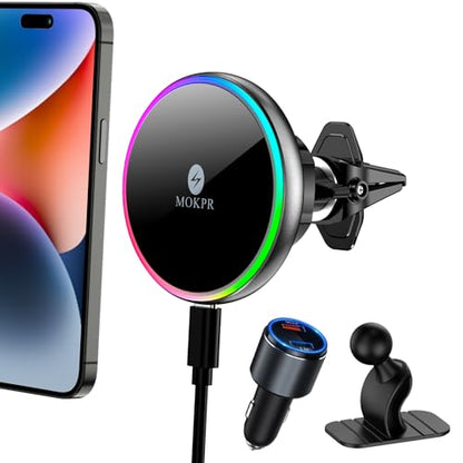 MOKPR for Magsafe Car Mount Charger-Wireless Car Charger-Magnetic Car Phone Holder for Dash Air Vent-LED RGB HandsFree Car Mount Fast Car Charger for iPhone 16 15/14/13/12 Series with QC 3.0 Adapter - color: Brigh Black