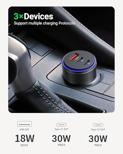 USB-C Car Charger, 3-Port 90W Fast Car Charger, Dual USB-C & USB-A Car Power Adapter, PD3.0 & QC3.0 Fast Charging for iPhone 17/16/15/14/13Pro Max, iPad, MacBook and More - size: 1