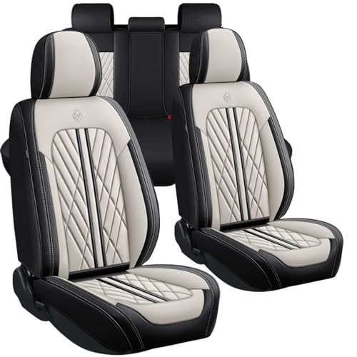 Universal Fit Waterproof Breathable Nappa Leather Automotive Vehicle Car Seat Covers Set Cushion Protector for Sedan SUV - color: Beige Black, size: Full Set 5 Seats