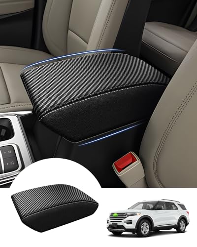 Autorder Center Console Cover for Ford Explorer 2020-2026 Accessories Armrest Cover Carbon Fiber Anti-Scratch Middle Console Pad Leather Armrest Protector - size: 20-26 Ford Explorer
