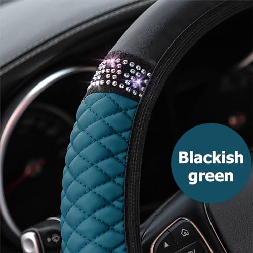 Osilly Bling Car Steering Wheel Cover, 15 Inch Rhinestones Soft Leather Elastic Steering Wheel Protector, Sparkly Crystal Diamond for Women Girls (Black Green) - color: Black Green