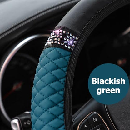 Osilly Bling Car Steering Wheel Cover, 15 Inch Rhinestones Soft Leather Elastic Steering Wheel Protector, Sparkly Crystal Diamond for Women Girls (Black Green) - color: Black Green