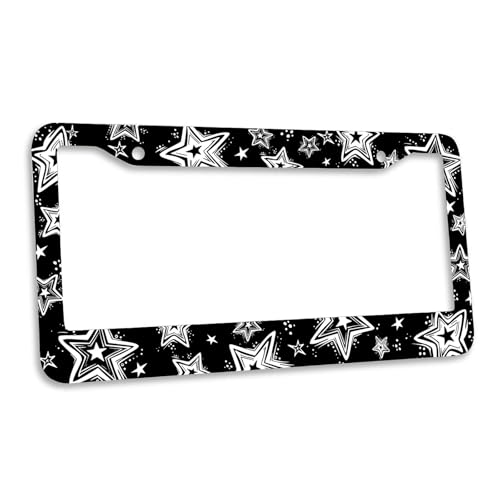Starry Doodle License Plate Frame Cartoon Black White Hand Drawn Stars Personalise Stainless Steel Metal Car Plates Funny License Plate Frames Decorative for Men Women 6.3 x 12.2 in - color: Starry Doodle, size: 6.3 X 12.2 In-1PC