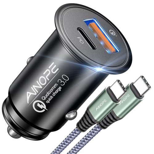 AINOPE 67.5W Car Charger USB C Fast Charging【Mini & Metal】[+ 6.6 FT Type-C Cable] Dual Port PD/QC3.0 Cigarette Lighter USB Charger Adapter for iPhone 17 Pro Max 16 15 Air Samsung Android, Black - color: 1-Black, size: 6.6FT