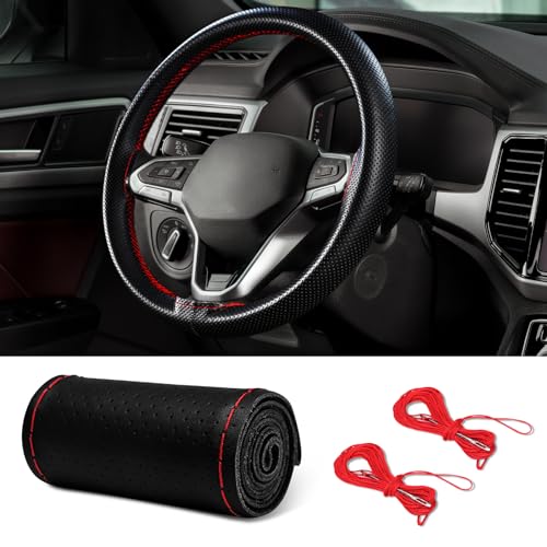 Leather Steering Wheel Cover Lace Up, Car Wheel Cover, Universal Car Steering Wheel Protector with Needle Thread, 15 inch Steering Wheel Wrap Car Interior Accessories for Car (Black red, Hole) - color: Black red, size: 15 inch - Hole