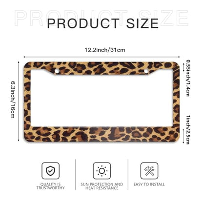 Leopard Print License Plate Frame 2pc Brown Cheetah Animal Print License Plate Frame Leopard Print Steering Wheel Cover Steering Wheel Cover Cars Aluminum with Fits Standard Us Ca Vehicles - color: Leopard Print