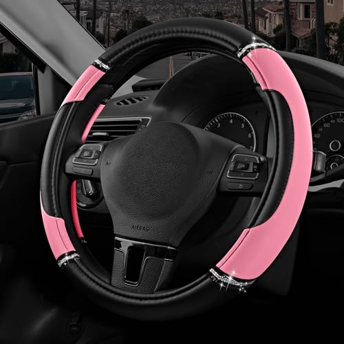 Road Comforts Leather Steering Wheel Cover - Made with PVC Leather - Anti-Slip, Universal Fit 14 1/2 inches to 15 inches - Pink - color: Pink