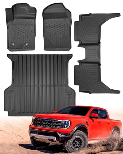 Full Set Car Truck 5FT Bed Mat & Floor Mats for Ford Ranger SuperCrew Cab: 2024-2026 All-Weather Mats for XLT Raptor Lariat XL with 5ft TPE Trunk Bedmat, Anti-Slip Waterproof Protection Accessories