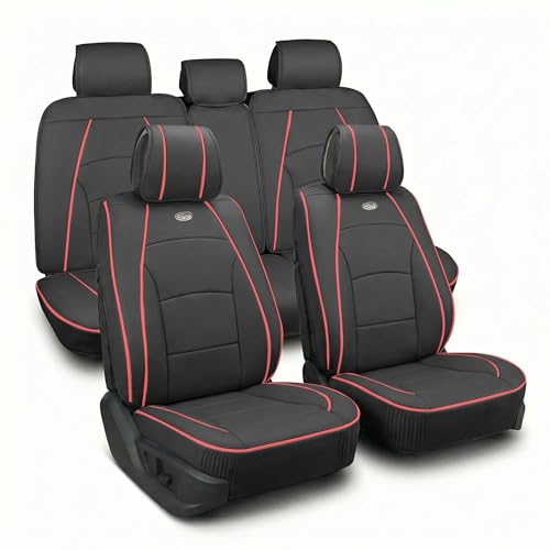 FH Group Ultra Comfort Highest Grade Faux Leather Full Set Car Seat Cushions– Universal Fit for Cars Trucks & SUVs (Black Red Trim) - color: Black Red Trim, style: Full Set