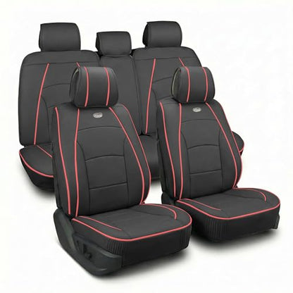 FH Group Ultra Comfort Highest Grade Faux Leather Full Set Car Seat Cushions– Universal Fit for Cars Trucks & SUVs (Black Red Trim) - color: Black Red Trim, style: Full Set