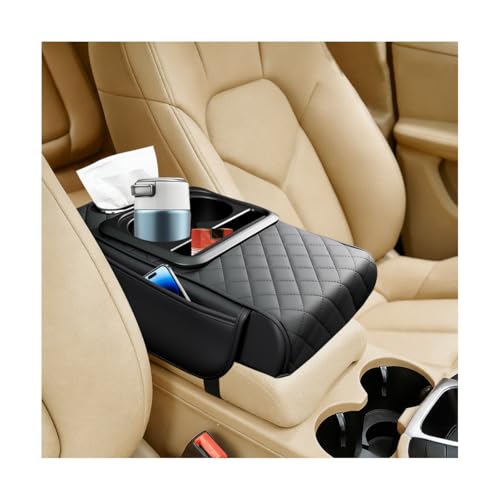 Car Center Console Armrest Box Mat, Nappa Leather Armrest Box Cover with Tissue Box, Cup Holder & Phone Holder, Middle Console Arm Rest Protection Pillow, Universal for Vehicles (Black) - color: Black