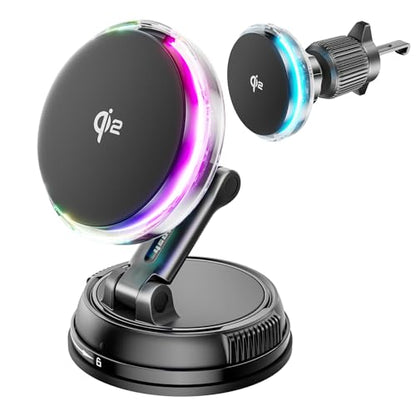 for Qi2 15W MagSafe Car Mount Charger with Cooling Fan, [Rapid Charging Cooler with RGB Lights], 78+LBS Stronger Suction Wireless Magnetic Mount on Vent/Dash/Windshield, for iPhone 17 16 15 14 13 12