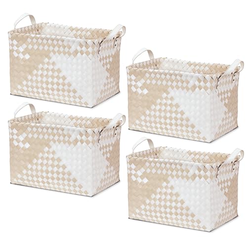 15L Laundry Baskets Waterproof Storage Baskets For Shelves Large Laundry Hamper With Leather Handle -set of 6 Cube Organizers Woven Bins for Bathroom,Bedroom,Pantry,Clothes,Car & Towels-Beige - color: Beige*4 Set