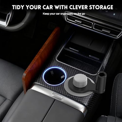 360° Rotation Car Desk for Laptop, Height-Adjustable Cup Holder Table, Wooden Car Food Tray & Laptop Mount Compatible with Tesla Model Y/3/S, Ford F150/Explorer/Maverick & Most Vehicles (Warm Walnut) - color: Warm Walnut