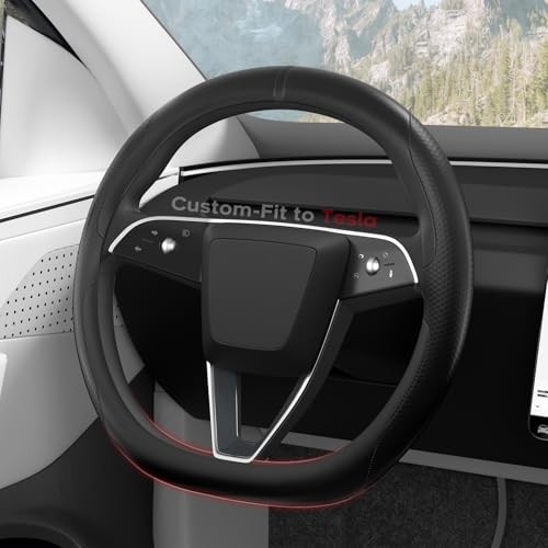 Ultra-Thin Nappa Leather Steering Wheel Cover for Tesla Model 3/Y 2016-2025, Non-Slip Textured Breathable Tesla Model 3/Y Steering Wheel Protector - color: Black