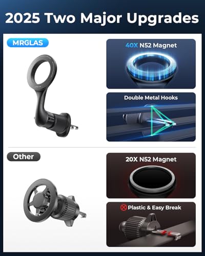 MRGLAS for MagSafe Car Mount [ 2025 Upgraded 40 Strong Magnets] [360° Rotation] Air Vent Magnetic Phone Holder [Double Metal Hook] Car Phone Holder Mount Compatible iPhone 17 16 15 Pro Max Plus S25 24 - color: Charcoal Black