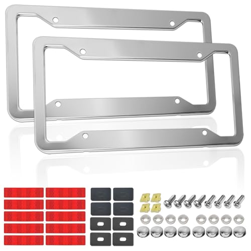 Chrome License Plate Frames -2 Pack Stainless Steel Car Tag Holders, with Silver Mount Screws Caps, Rattle Proof Pads, Reflective Stickers, Universal Fit for Front/Rear - color: Chrome