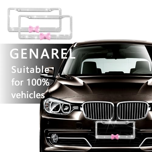 Bling Car License Plate Frame for Women, 2PCS Crystal Rhinestone Stainless Steel Vehicle Plate Holder, Glitter Diamond Sparkly Auto Plate Cover Accessories, Universal Fit (White/Pink Bow) - color: White/Pink Bow