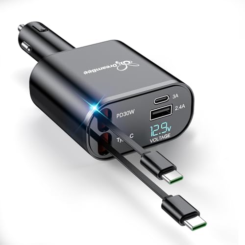 DreamBee Retractable Car Charger,66W Super Fast USB Car Phone Charger,Dual TypeC Retractable Cables Gifts for Men Women Car Truck Accessories for Samsung Galaxy S23+/S23,iPhone 17/16/15/ Pro Max, iPad - color: Black, size: Dual TypeC Cords