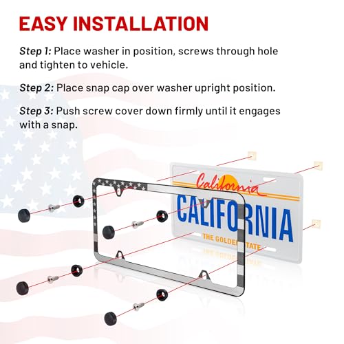 RED WOLF American USA Flag License Plate Frame Stainless Steel Holder Front Rear Auto Tag US Stars & Stripes Slim Edge for Patriotic, 4 Holes Mount W/Screw Accessories Caps 2 PCS