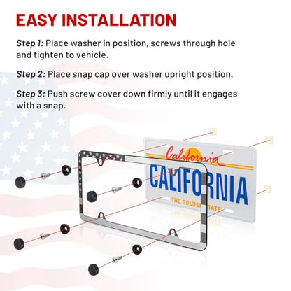 RED WOLF American USA Flag License Plate Frame Stainless Steel Holder Front Rear Auto Tag US Stars & Stripes Slim Edge for Patriotic, 4 Holes Mount W/Screw Accessories Caps 2 PCS