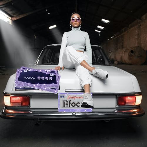 2 Pack License Plate Frames for Women, Sparkly Rhinestone Diamond Car Accessories with Glitter Crystal Caps (Purple (2PCS)) - color: Purple (2PCS)