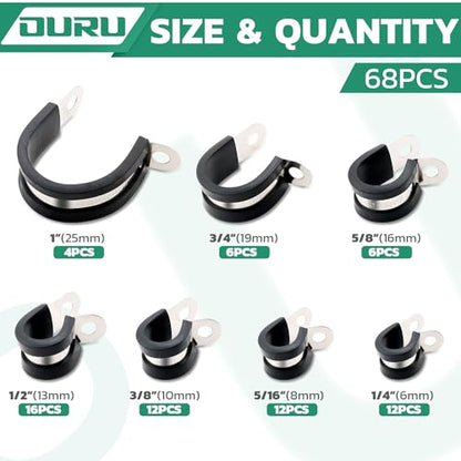 OURU 68PCS Cable Clamps Assortment Kit,7 Sizes Stainless Steel Rubber Coated Cushioned Insulated Cable Clamps-Metal Wire Clamps,Pipe Clamps for Tube,Lines - size: 68 PCS - 7 Sizes